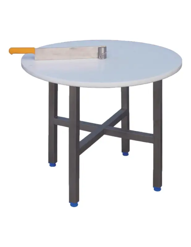 TABLE DE DECOUPE POUR MEULE. DESSUS POLY D.900 EP.30. AVEC PIETEMENT INOX AVEC COUTEAU TOURNANT CHEESE CUTTING TABLE WITH TURNIN Offre Limitée
