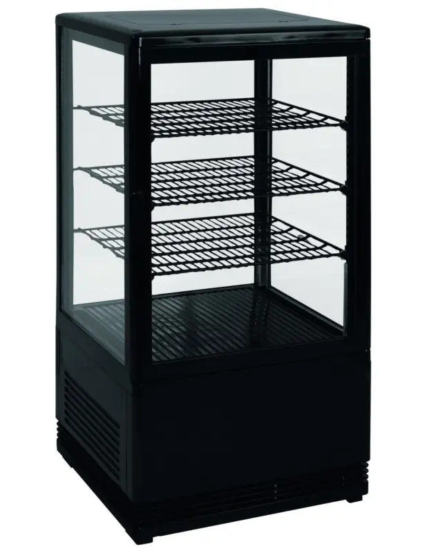 Seulement Aujourd’hui VITRINE REFRIGEREE NOIRE 68 LITRES 0°C/+12°C 3 GRILLES. AVEC ECLAIRAGE GAS R600A Tension : 230V Mono – Puissance (en kW) : 0.17