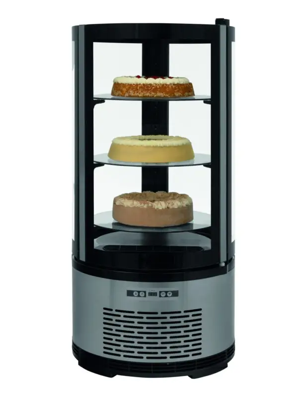 VITRINE REFRIGEREE TYPE GOURMET. 100L. +2°C/+8°C 3 ETAGERES RONDES. AVEC ECLAIRAGE LED 2 COTES GAS R600A Tension : 230V Mono – P Authentique