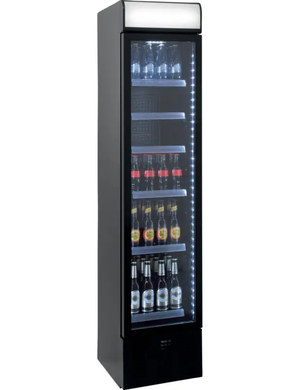 Usine Directe VITRINE A BOISSONS ETROITE R600A. 0°C/+7°C.1 PORTE BATTANTE VITREE. 6 ETAGERES Tension : 230V Mono – Puissance (en kW) : 0.115