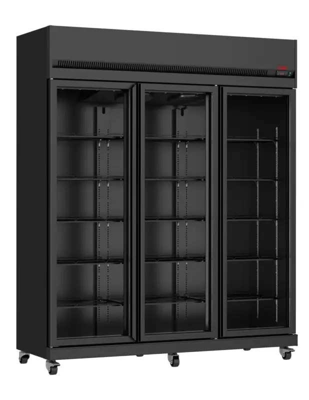 Nouveauté VITRINE REFRIGEREE. 1/10°C A 32°C 65%RH. GROUPELOGE SUR LE DESSUS. 3 PORTES VITREES. CARROSSERIE EXTERIEURE NOIRE. INTERIEUR N