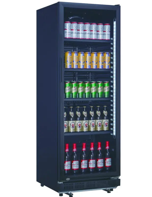 Expédition Rapide VITRINE A BOISSONS REFRIGERATION ASSISTEE. 0/+10°C INT. ABS NOIR. EXT. NOIR. ECLAIRAGE LED Tension : 230V Mono – Puissance (en k