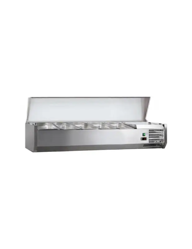 VITRINE A INGREDIENTS INOX. +2/+8°C. GAZ R600A COUVERCLE INOX. 4GN1/3 + 1GN1/2-150. NON COMPRIS Tension : 230V Mono – Puissance Nouvelle Collection