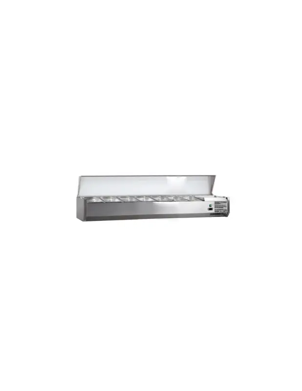 VITRINE A INGREDIENTS INOX. +2/+8°C. GAZ R600A COUVERCLE INOX. 7GN1/3-150 NON COMPRIS Tension : 230V Mono – Puissance (en kW) : Nouvelle Collection
