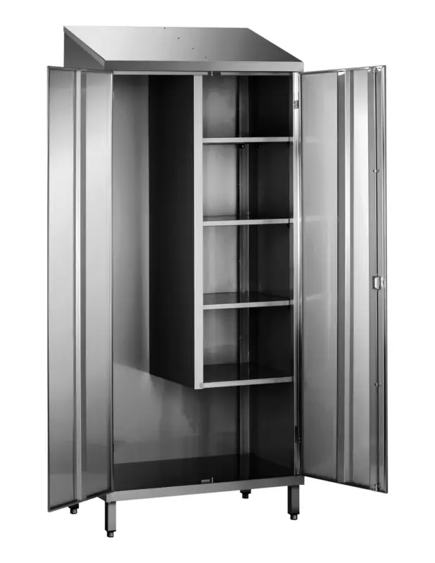 Super Prix ARMOIRE BALAIS INOX 2 PORTES 1 COTE 3 ETAGERES REGLABLES + 1 FIXE 1 COTE BALAIS SERRURE A CLES TOIT PLAT L (en mm) : 800 – P (en