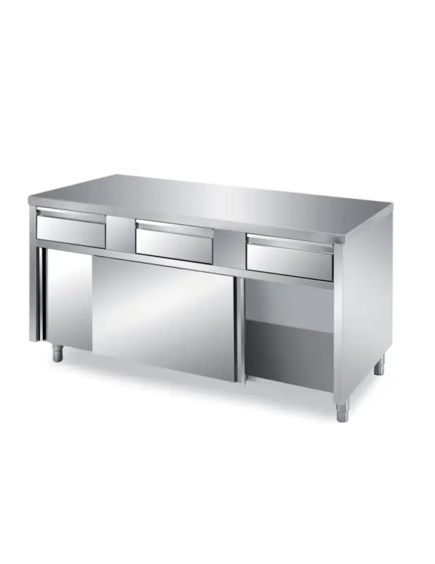 Vente Flash MEUBLE BAS INOX CENTRAL. 2 PORTES COULISSANTES DOUBLEES ET 3 TIROIRS SUR GLISSIERES L (en mm) : 1 400 – P (en mm) : 600 H (en mm
