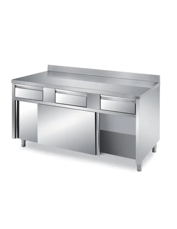 Super Prix MEUBLE BAS INOX 304 CENTRAL. 2 PORTES COULISSANTES ET 2 TIROIRS SUR GLISSIERES L (en mm) : 1 000 – P (en mm) : 700 H (en mm) : 8
