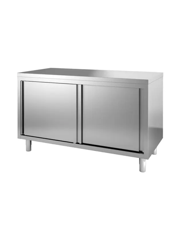 Achat Immédiat MEUBLE BAS INOX 304 ADOSSE. P. COULISSANTES DOUBLEES L (en mm) : 1 500 – P (en mm) : 700 H (en mm) : 850