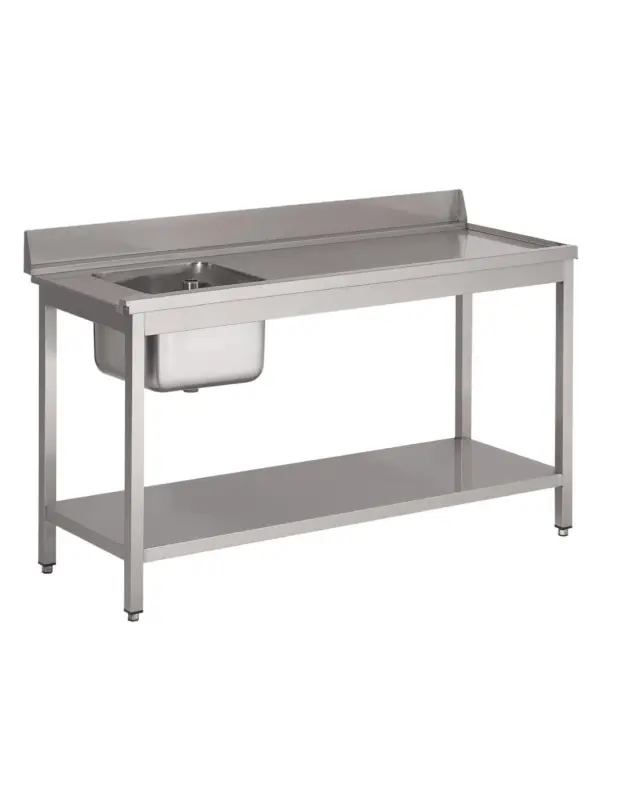 Acheter Direct Table d&rsquo;entrée lave-vaisselle inox avec bac à gauche dosseret et tablette inférieure Gastro M 850x1000x700mm