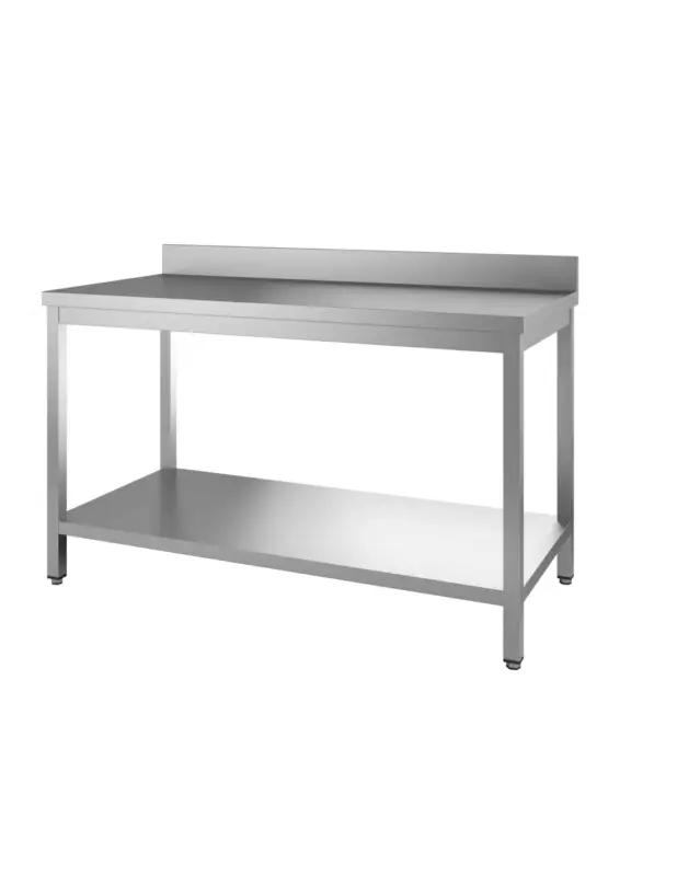 Vente Directe TABLE INOX 304 DEMONTABLE ADOSSEE AVEC ETAGERE PIEDS CARRES L (en mm) : 2 000 – P (en mm) : 600 H (en mm) : 850