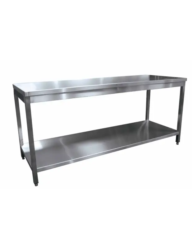 Achat Immédiat TABLE DEMONTABLE CENTRALE AVEC ETAGERE. PIEDS CARRES. VERINS INOX L (en mm) : 1 200 – P (en mm) : 600 H (en mm) : 850