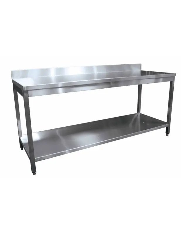 Vente Directe TABLE DEMONTABLE ADOSSEE AVEC ETAGERE. PIEDS CARRES. VERINS INOX L (en mm) : 1 200 – P (en mm) : 700 H (en mm) : 850