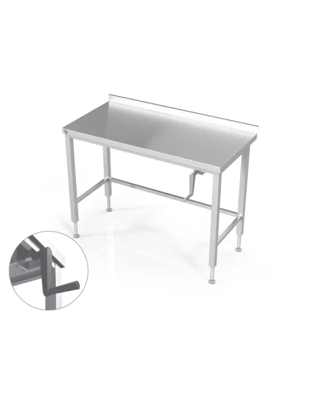 Vente Directe TABLE INOX SOUDEE INOX 304 ADOSSEE CONFOR&rsquo;TABLE REGLABLE EN HAUTEUR PAR MANIVELLE L (en mm) : 1 800 – P (en mm) : 600 H (en mm)