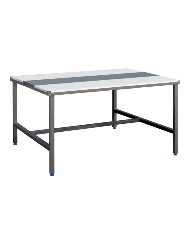 Vente Directe TABLE DECOUPE MIXTE FACE A FACE. CHASSIS INOX 304. POLY EP.25 MM. ALESE INOX 300 MM AU CENTRE ETAGERE BASSE L (en mm) : 1 800 –