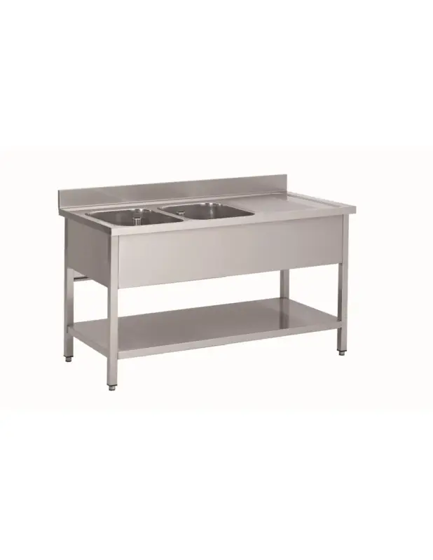 Vente Flash PLONGE INOX SOUDEE. 2 BACS 600X500X300 MM EGOUTTOIR A DROITE AVEC ETAGERE BASSE AVEC SURVERSE BONDE SIPHON L (en mm) : 2 000 – P