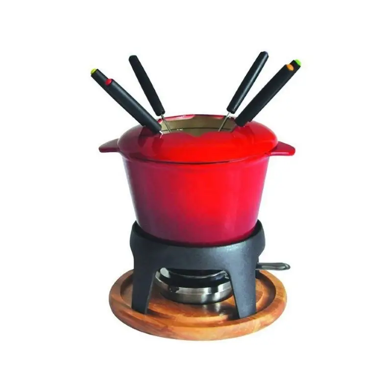 Commander Maintenant Service à fondue en fonte rouge et plateau en bois