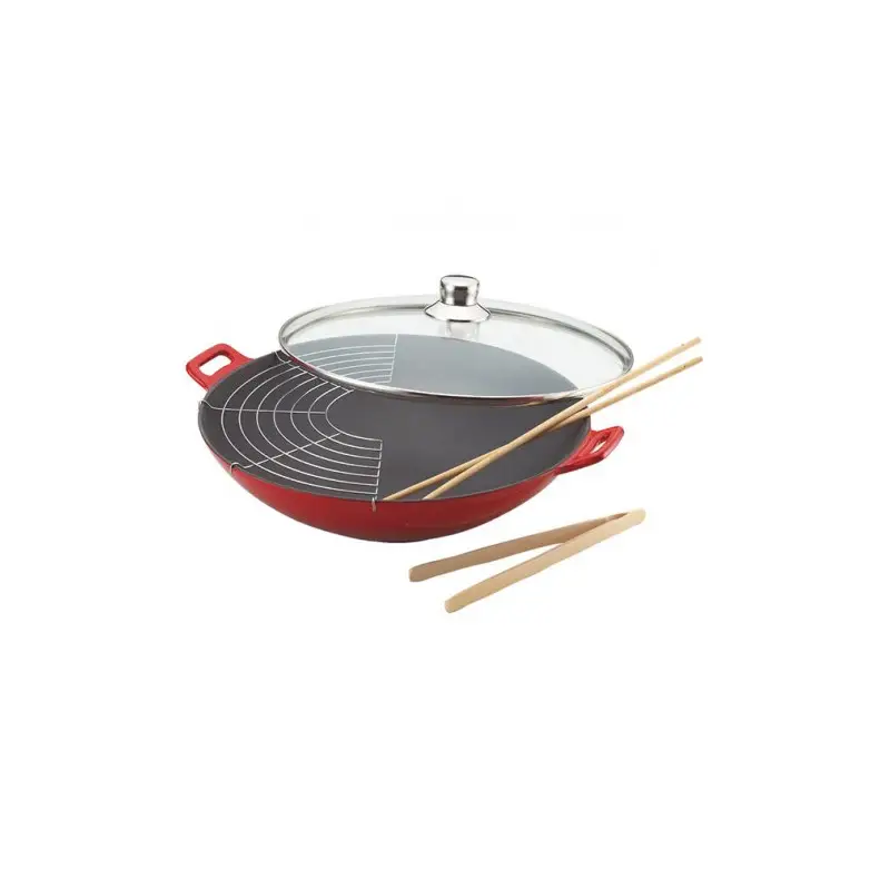 Wok en fonte Ø36cm + couvercle en verre + Set pince/baguettes Commander Maintenant