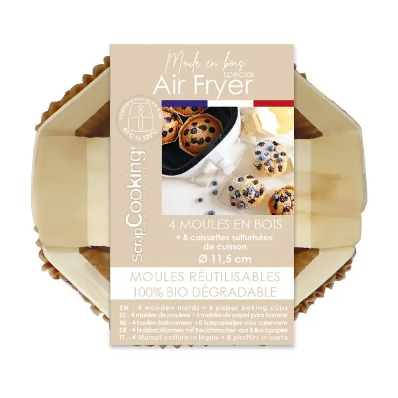 Livraison Express 4 Moules Airfryer ronds en bois + caissettes de cuisson, ScrapCooking