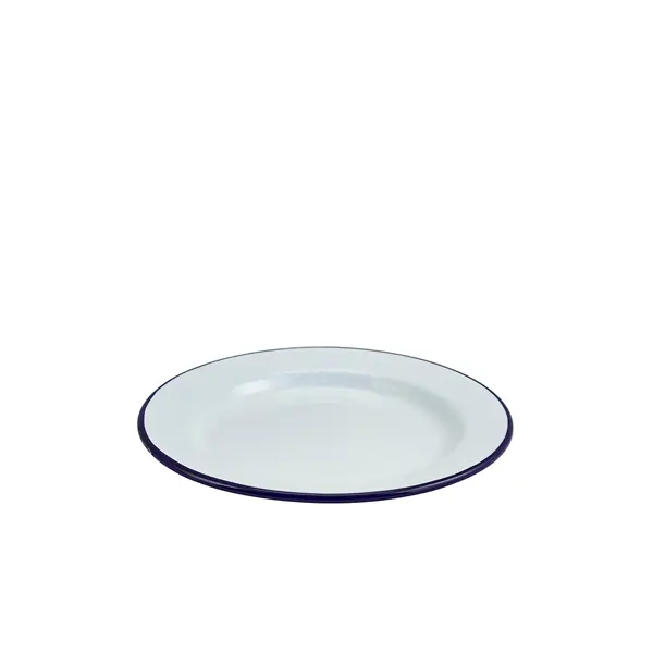 Acheter Direct Assiette en émail, blanche avec bord bleu – 20 cm