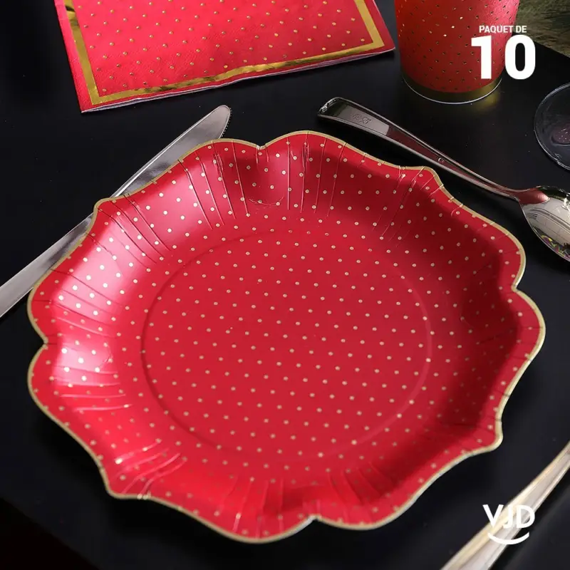 10 assiettes pois dorés carton couleur rouge 21 cm Achetez Aujourd’hui
