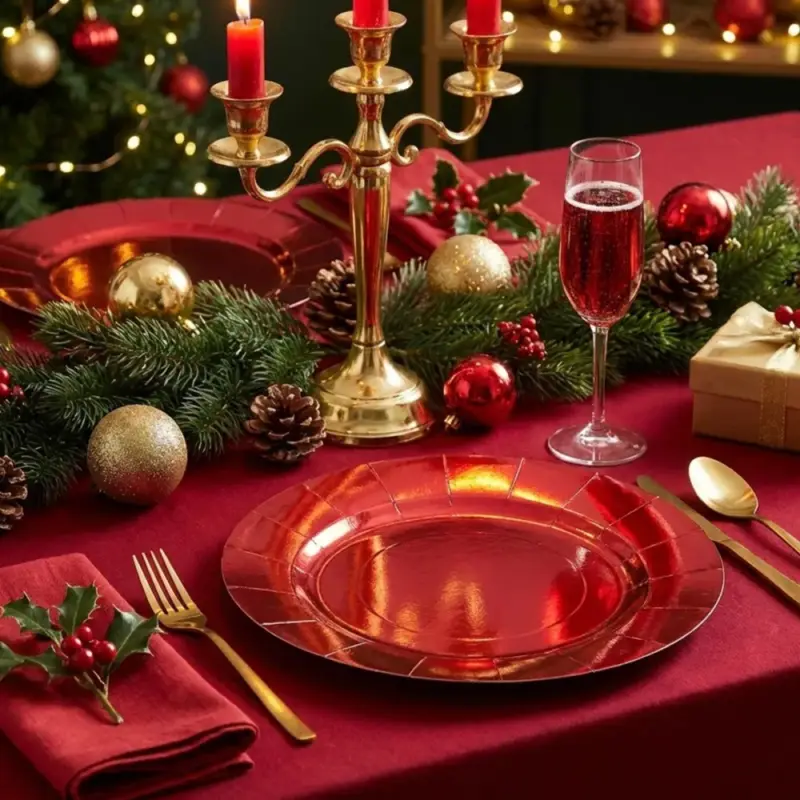 10 Assiettes de fête carton rouge métallisées Ø 33 cm Promotion Saisonnière