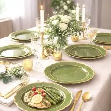 6 Assiettes Raffiné – Réutilisables – Plastique Vert Olive et Or Ø26,5cm Satisfait Ou Remboursé