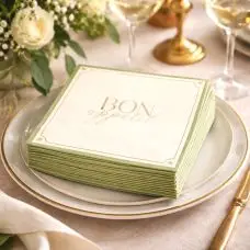 16 Serviettes Bon Appétit Jardin à la Française Papier Crème, Vert Olive et Or 33x33cm – 3 Plis Expédition Rapide