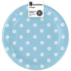 8 Assiettes rondes Bleu ciel à pois en carton 18 cm Produit De Marque